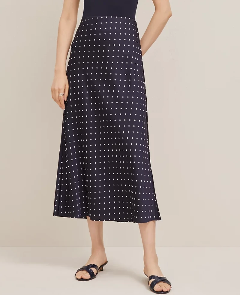 Ann Taylor Dotted Satin Bias Slip Skirt Size Large Night Sky-White Women's