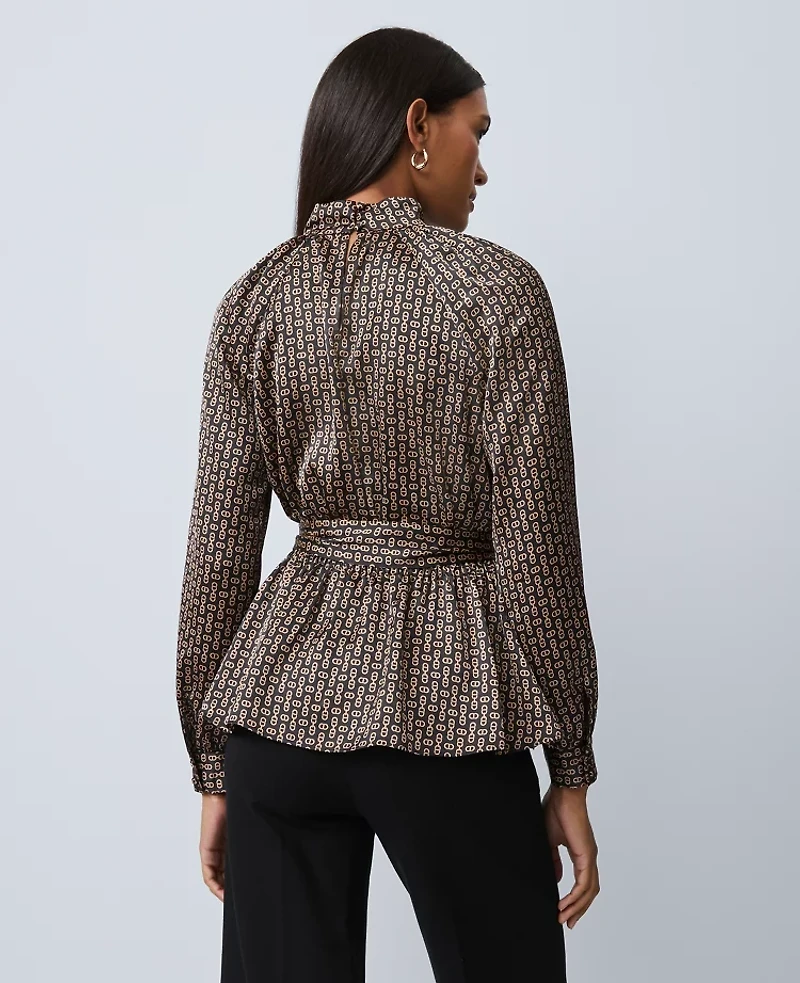 Ann Taylor Chain Link Print Tie Waist Blouse Black Women's