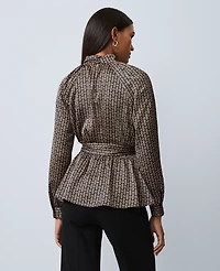 Ann Taylor Chain Link Print Tie Waist Blouse Black Women's