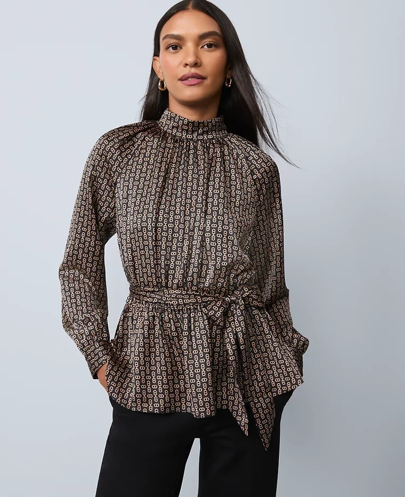 Ann Taylor Chain Link Print Tie Waist Blouse Black Women's