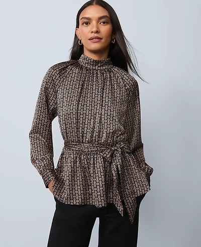 Ann Taylor Chain Link Print Tie Waist Blouse Black Women's