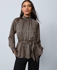 Ann Taylor Chain Link Print Tie Waist Blouse Black Women's