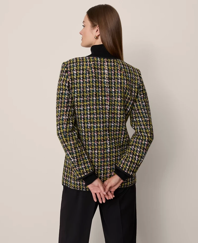 Ann Taylor The Long Crew Neck Jacket Houndstooth Tweed Green/Navy Multi Women's