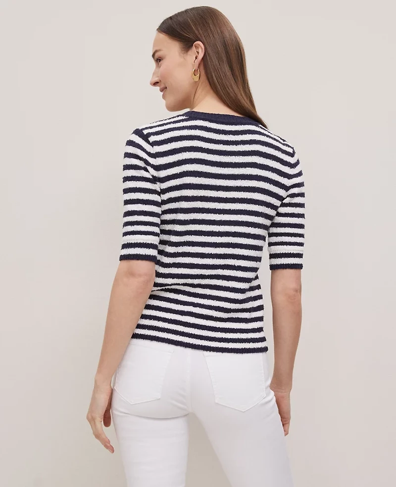 Ann Taylor Weekend Collection Striped Bouclé Henley Sweater Size Large Navy/White Women's