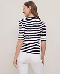 Ann Taylor Weekend Collection Striped Bouclé Henley Sweater Size Large Navy/White Women's