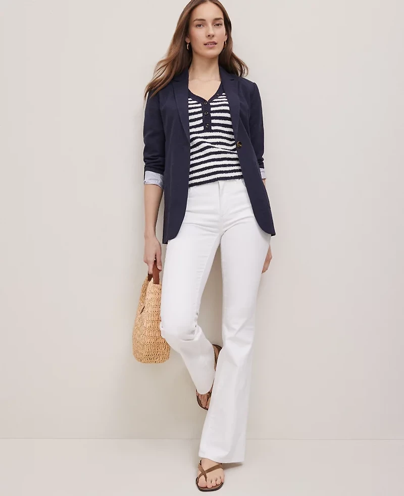 Ann Taylor Weekend Collection Striped Bouclé Henley Sweater Size Large Navy/White Women's