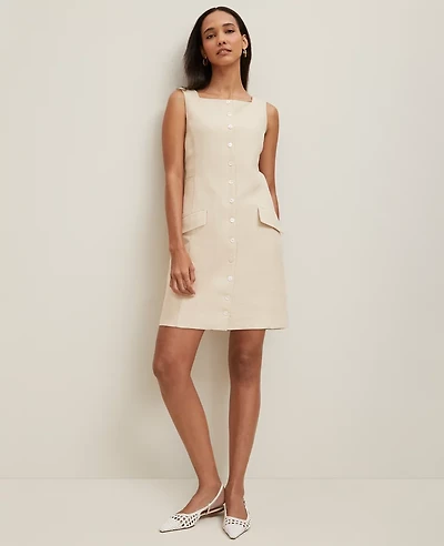 Ann Taylor Square Neck Button-Down Dress Size 14 Sand Shell Women's