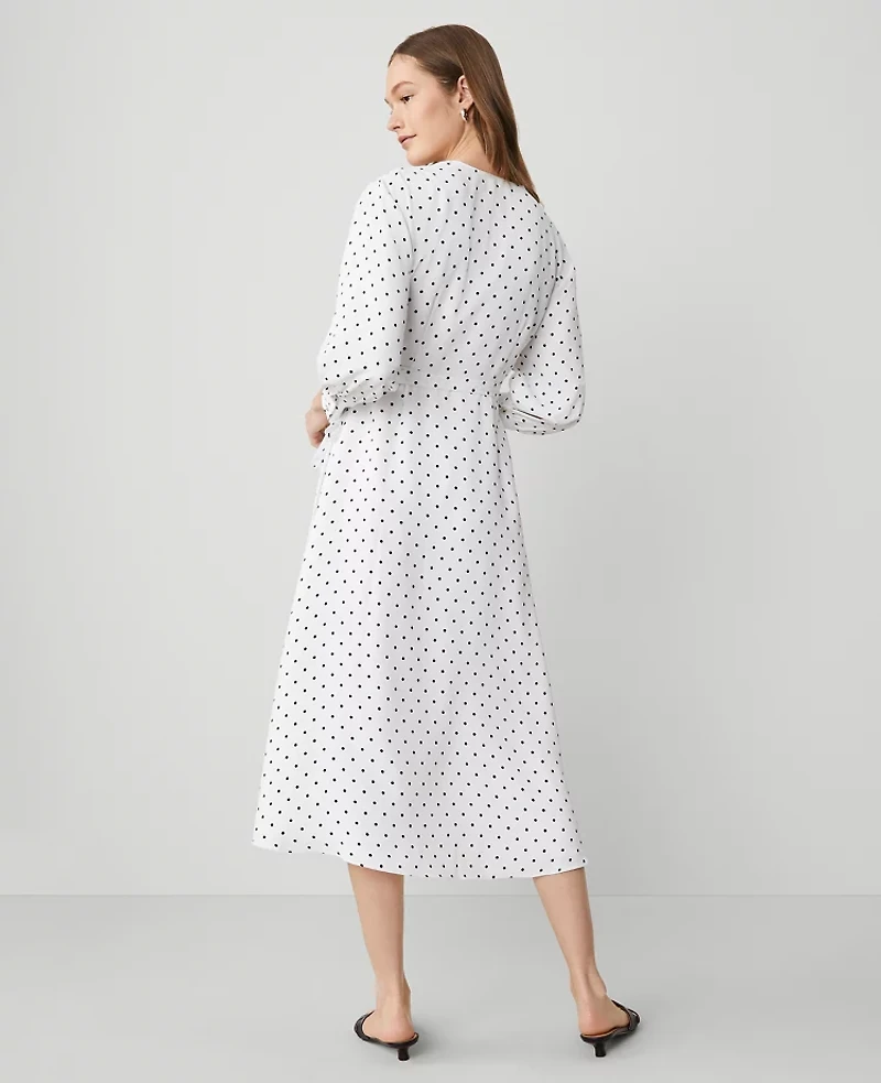 Ann Taylor Petite Dotted Wrap Midi Dress White-Black Women's