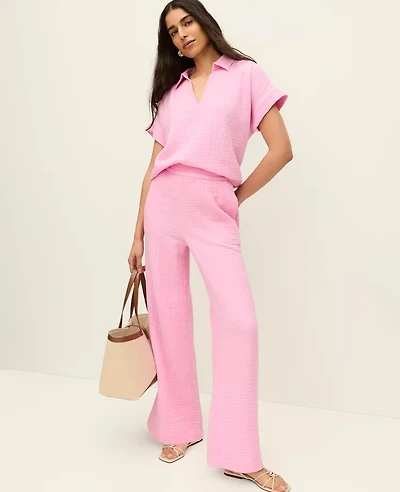 Ann Taylor The Pull-On Wide-Leg Pant Triple Cloth Strawberry Lemonade Women's
