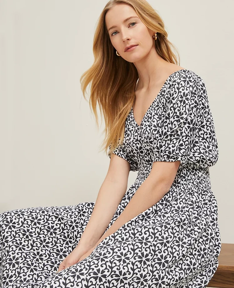 Ann Taylor Floral Smocked Puff Sleeve Dress Black Women's