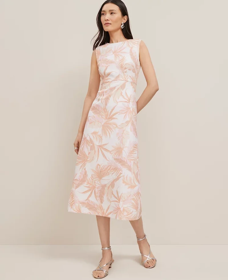 Ann Taylor Floral Linen Column Midi Dress Size 0 Blush Women's