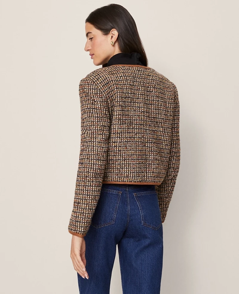 Ann Taylor Weekend Collection Tweed Crew Neck Jacket Size 12 Brown/Cream Multi Women's