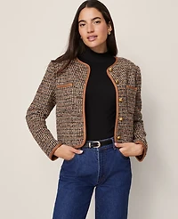 Ann Taylor Weekend Collection Tweed Crew Neck Jacket Size 12 Brown/Cream Multi Women's