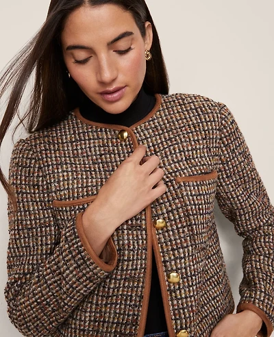 Ann Taylor Weekend Collection Tweed Crew Neck Jacket Brown/Cream Multi Women's