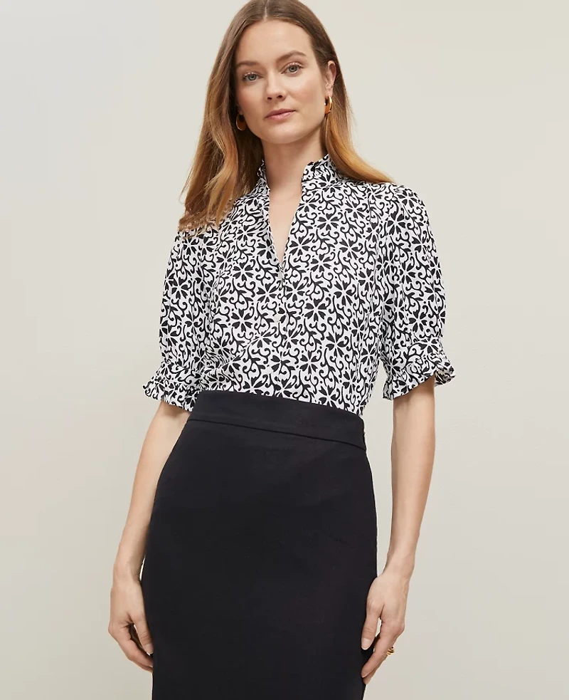 Ann Taylor Floral Ruffle Collar Shirt Size XS Black Women's