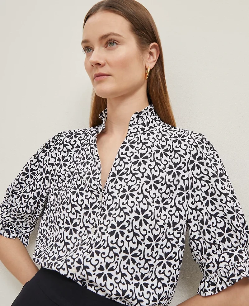 Ann Taylor Floral Ruffle Collar Shirt Size XS Black Women's