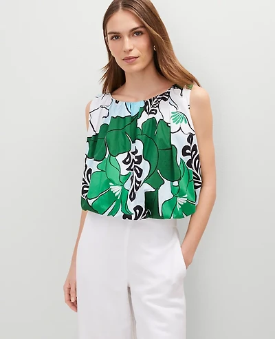 Ann Taylor Floral Gathered Bubble Hem Top Leafy Green Women's