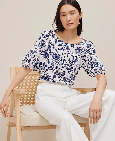 Ann Taylor Paisley Floral Boatneck Popover Top Size Medium Royalty Blue Women's
