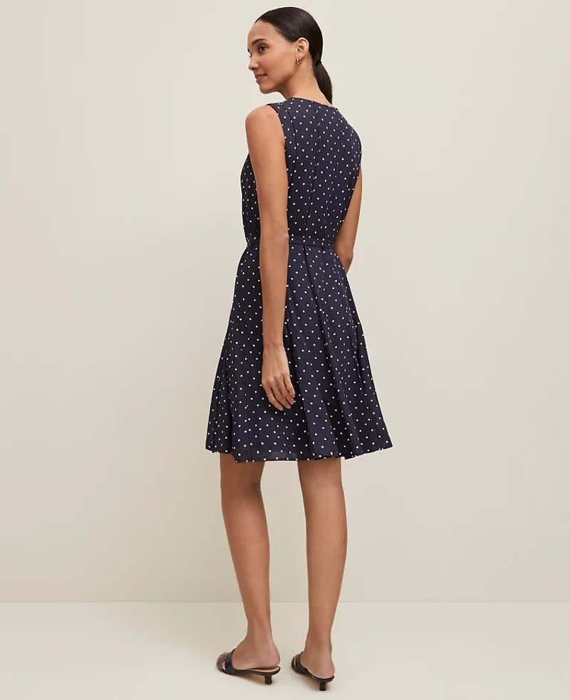 Ann Taylor Dotted Belted Flare Dress Night Sky-White Women's