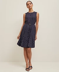 Ann Taylor Dotted Belted Flare Dress Night Sky-White Women's