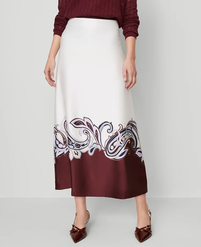 Ann Taylor Paisley Satin Midi Skirt Windsor Wine Women's
