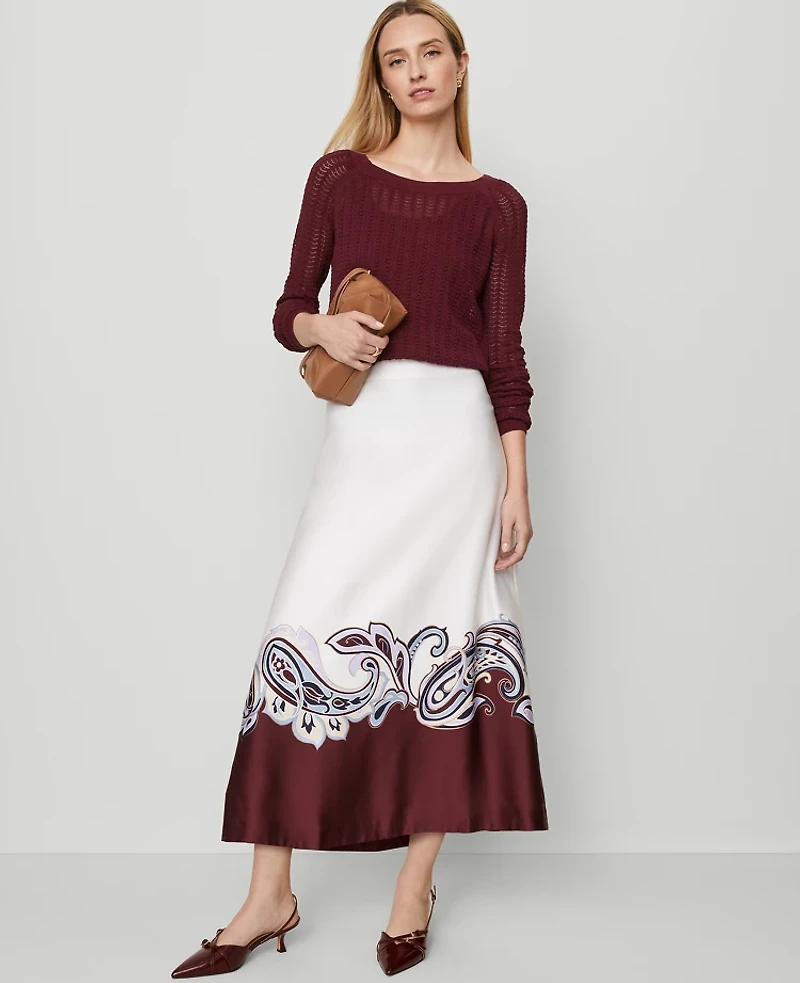 Ann Taylor Paisley Satin Midi Skirt Windsor Wine Women's