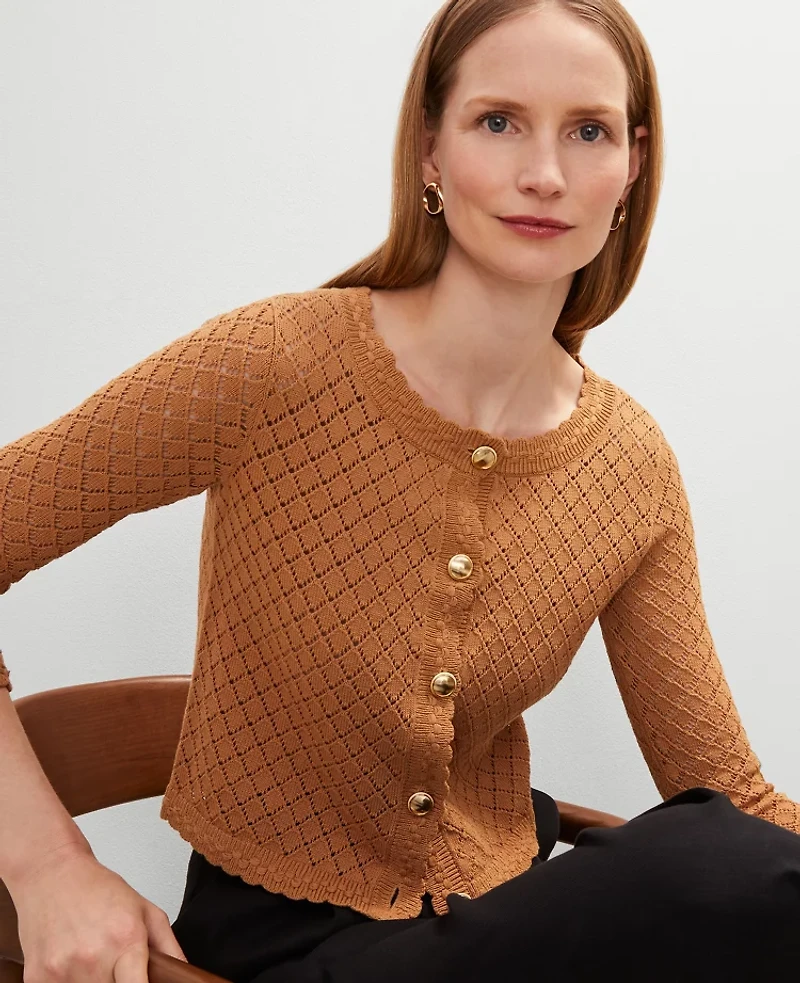 Ann Taylor Scalloped Ballet Neck Cardigan Pecan Women's