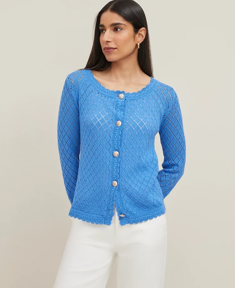 Ann Taylor Scalloped Ballet Neck Cardigan Size Large Maritime Blue Women's