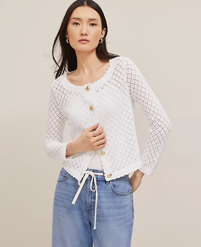 Ann Taylor Scalloped Ballet Neck Cardigan Size Large White Women's