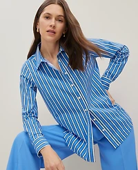 Ann Taylor Striped Relaxed Perfect Shirt Maritime Blue Women's