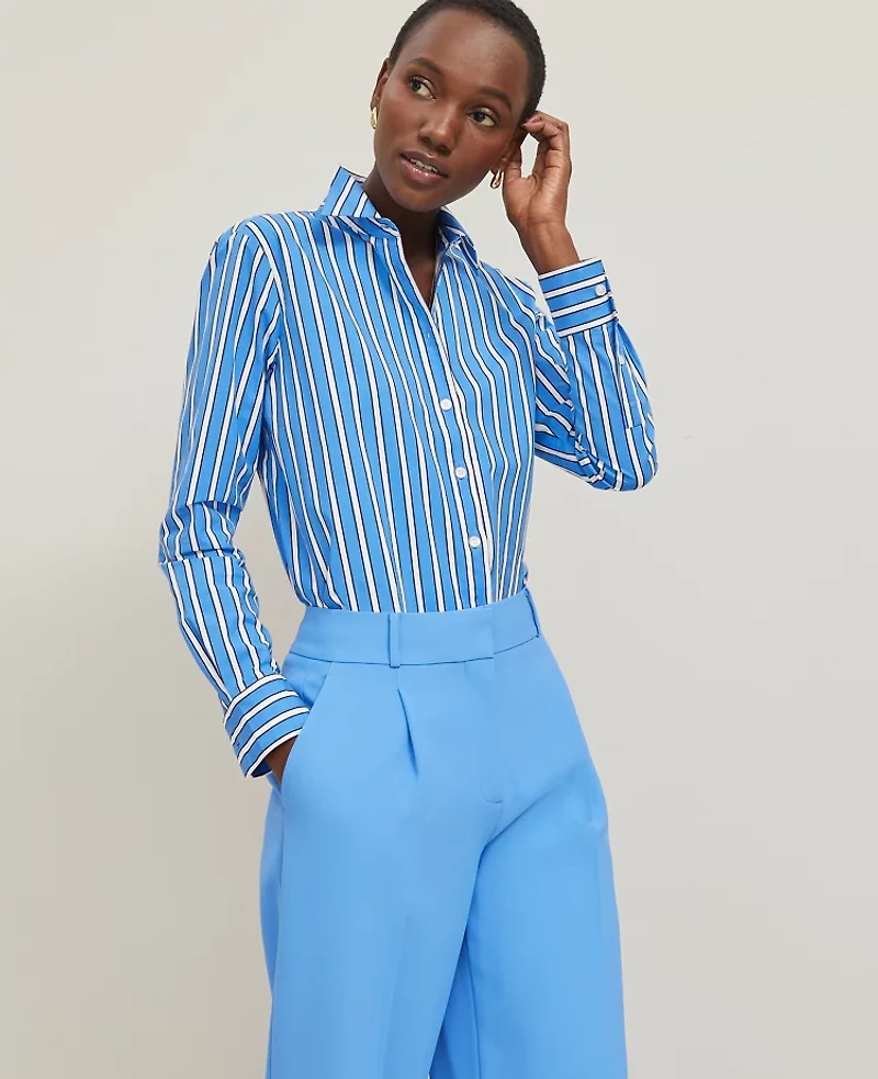 Ann Taylor Striped Relaxed Perfect Shirt Maritime Blue Women's