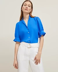 Ann Taylor Ruffle Collar Shirt Power Blue Women's