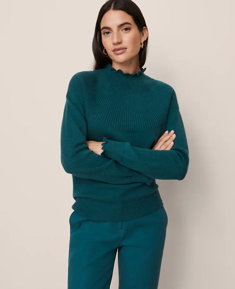Ann Taylor Ruffle Trimmed Mock Neck Sweater Women's