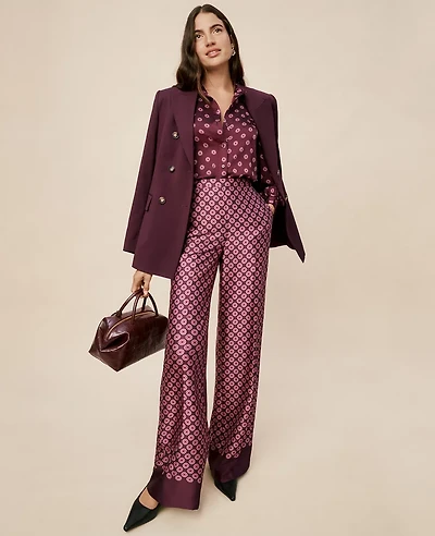 Ann Taylor The Wide-Leg Pant Satin Geo Print Poised Plum Women's