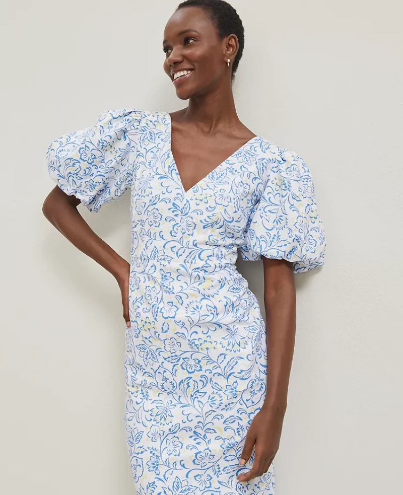 Ann Taylor Floral Linen Blend Puff Sleeve Sheath Dress White Women's