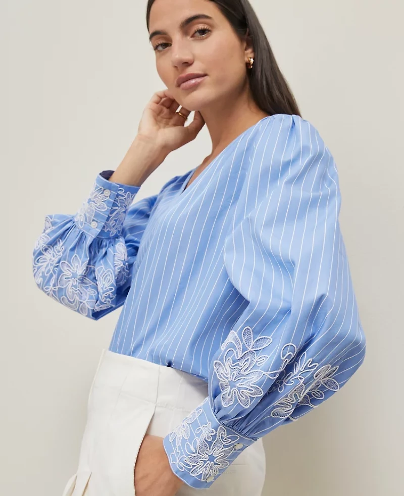 Ann Taylor Tall Striped Embroidered V-Neck Popover Top Size Small Blue / White Women's