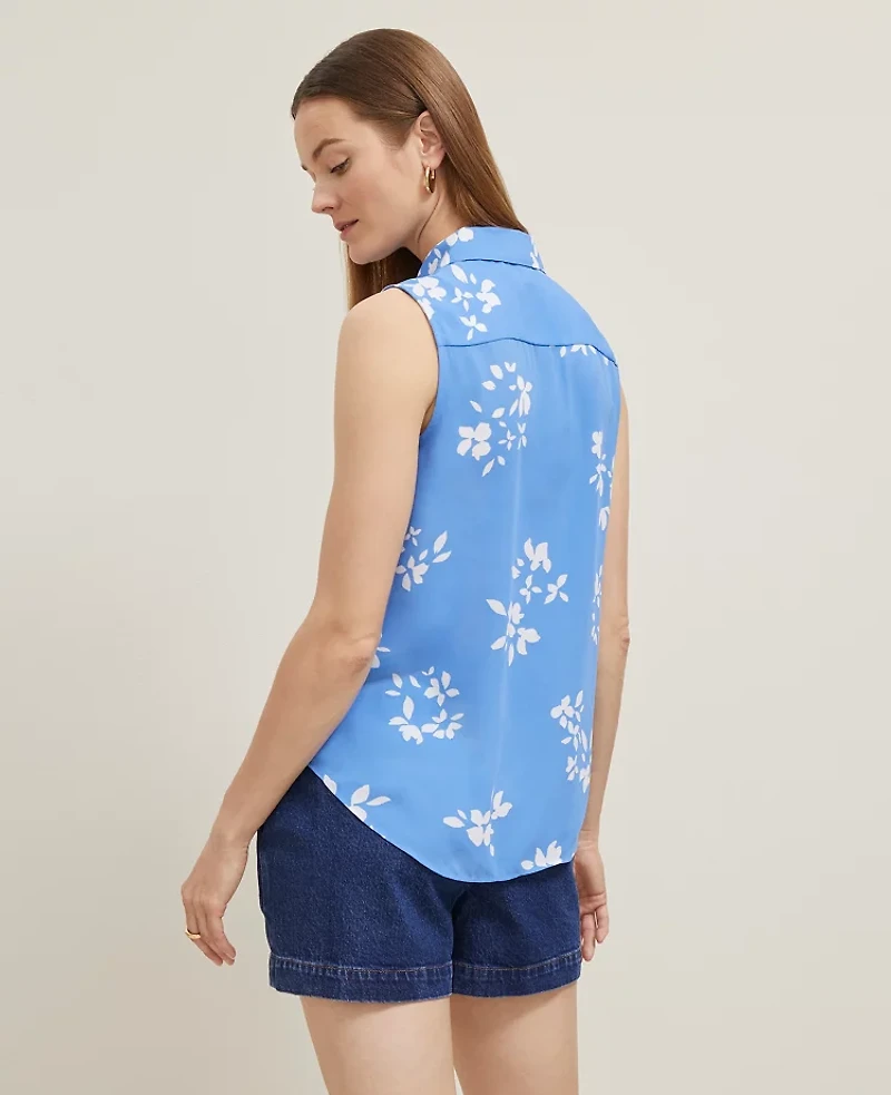 Ann Taylor Floral Sleeveless Shirt Size Medium Maritime Blue Women's