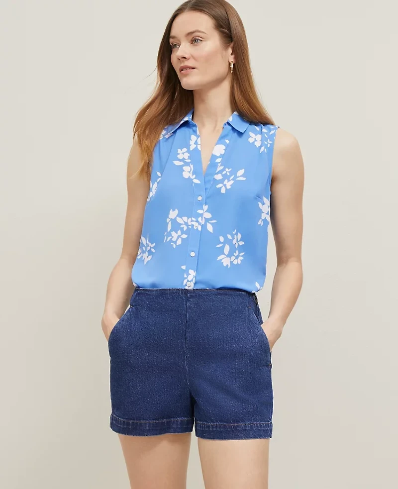 Ann Taylor Floral Sleeveless Shirt Size Medium Maritime Blue Women's