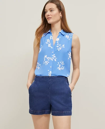 Ann Taylor Floral Sleeveless Shirt Size Medium Maritime Blue Women's