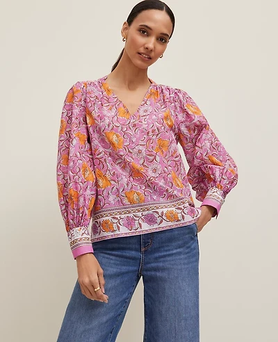 Ann Taylor Floral V-Neck Popover Top Orchid Glow Women's