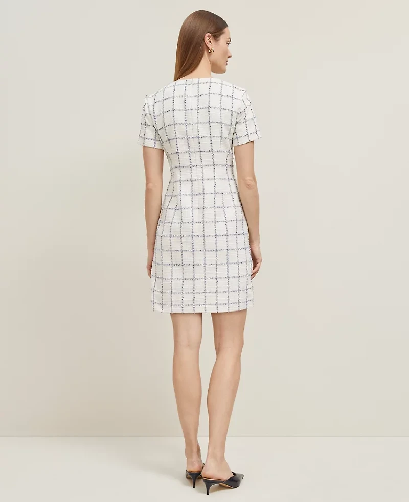 Ann Taylor Plaid Tweed Button Pocket Dress Blue Glint Neutral Women's