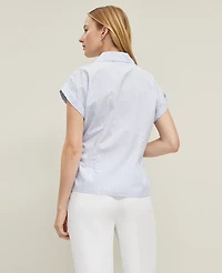 Ann Taylor Striped Collared Tie Waist Top Light Blue Women's