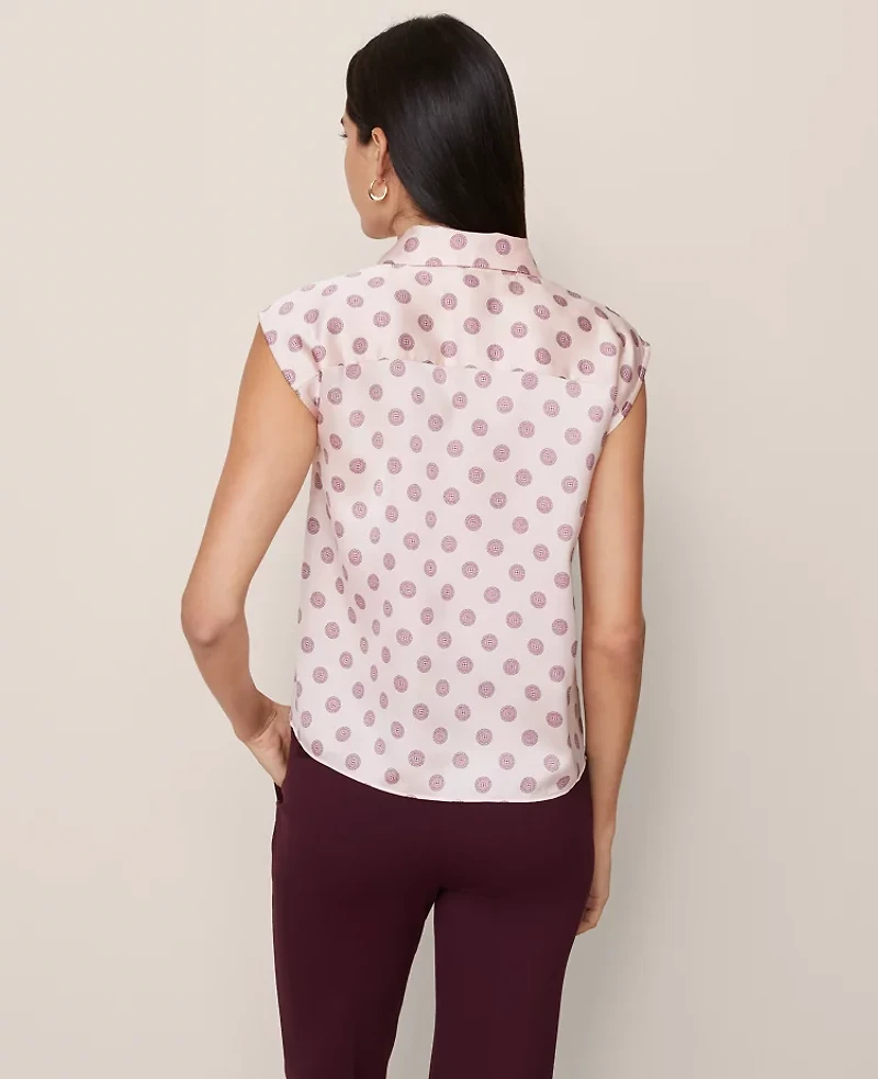 Ann Taylor Geo Collared Satin Blouse Pink Marble Women's