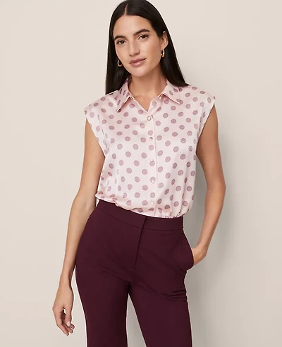 Ann Taylor Geo Collared Satin Blouse Pink Marble Women's