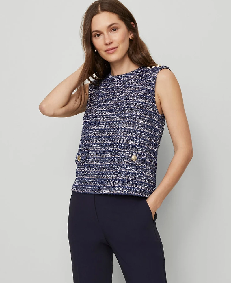 Ann Taylor Tweed Patch Pocket Top Blue Multi Women's