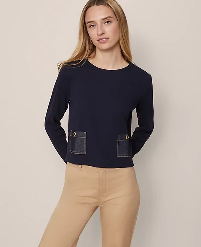 Ann Taylor Weekend Collection Denim Patch Pocket Pullover Night Sky Women's