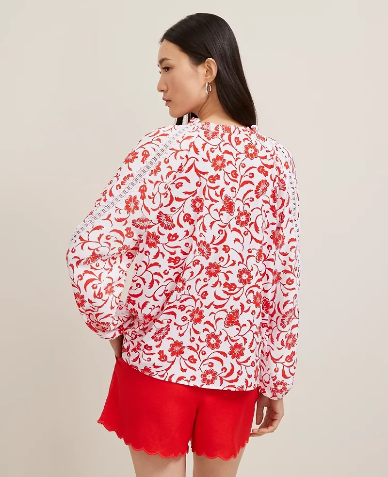Ann Taylor Floral Lace Sleeve Mixed Media Top Fiery Red Women's