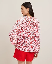 Ann Taylor Floral Lace Sleeve Mixed Media Top Fiery Red Women's