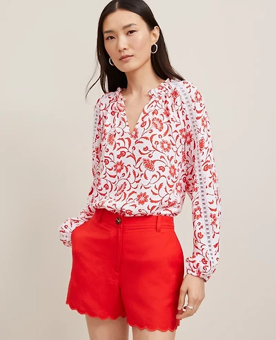 Ann Taylor Floral Lace Sleeve Mixed Media Top Fiery Red Women's