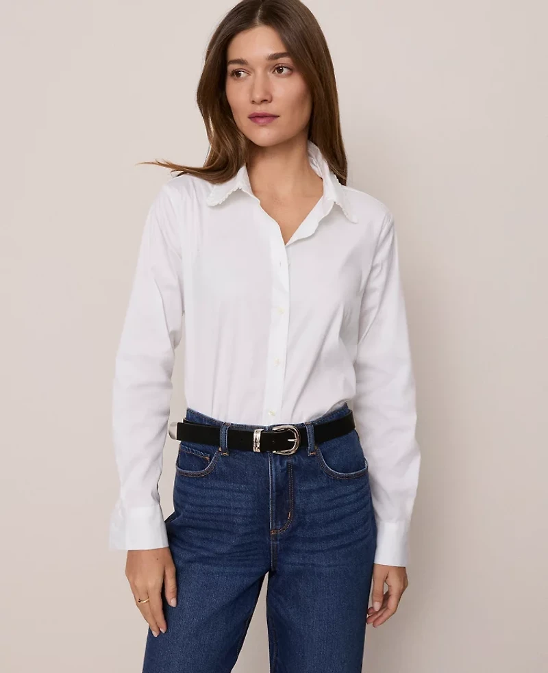 Ann Taylor Weekend Collection Ruffle Collar Modern Shirt White Women's